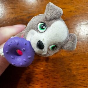 Grey Flocked Puppy Dog Figurine with Purple Donut and Pink Collar Miniature